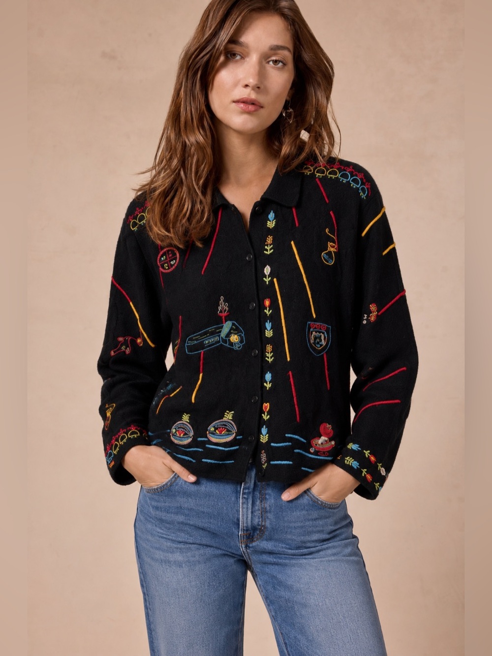 Vintage Wool Embroidered Chicos Cardigan Sweater Black Size Large U